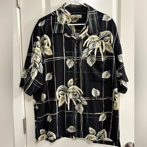 Tommy Bahama Black and Cream Leaf Print Men's Silk Shirt